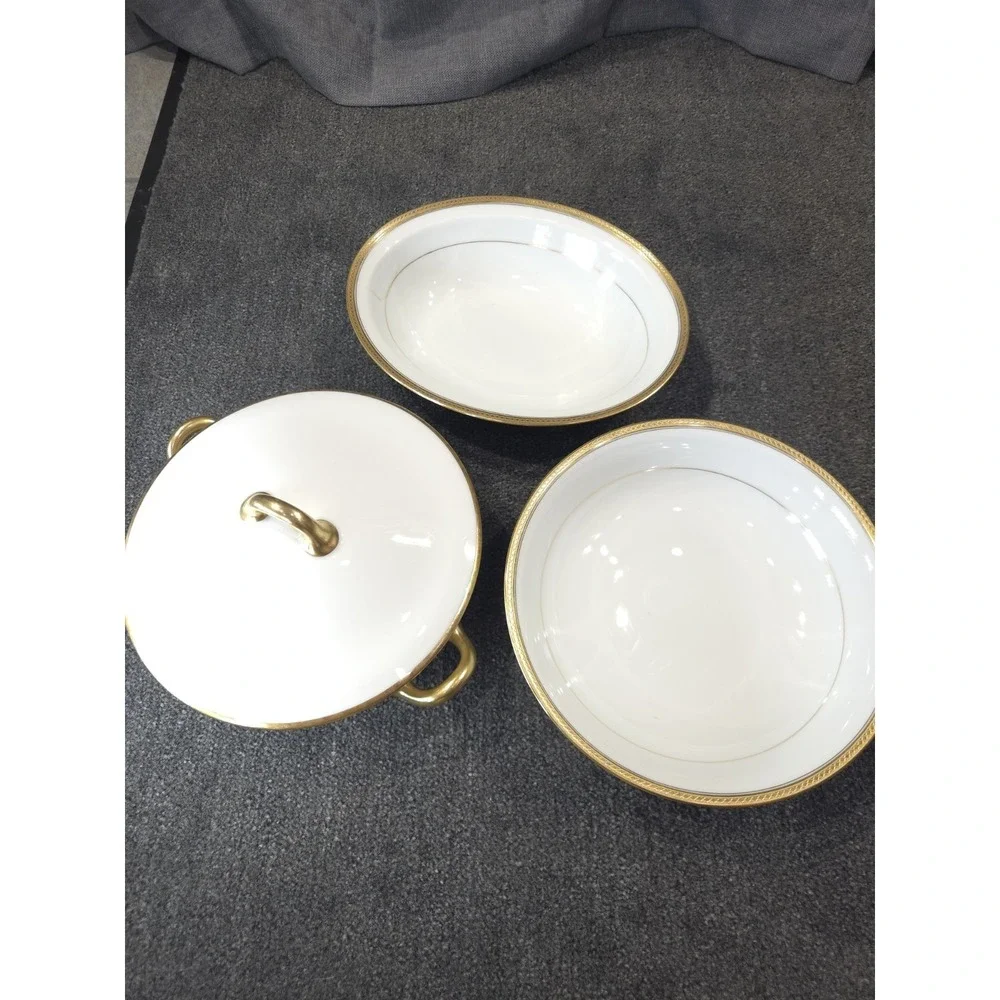 Haviland Limoges France Gold Trim Covered Serving Dish & Bowls 3pc Set AS-IS